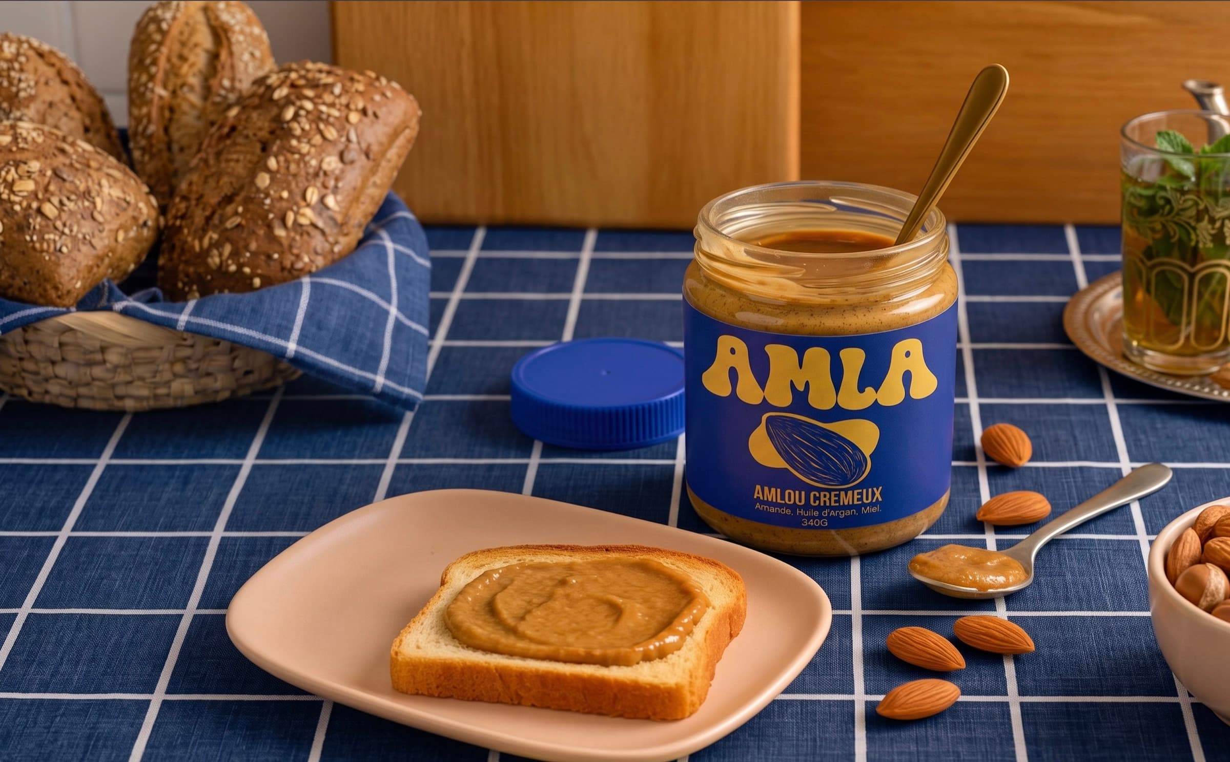 Pot AMLA ouvert sur une table marocaine avec tartine d'amlou, thé à la menthe et amandes