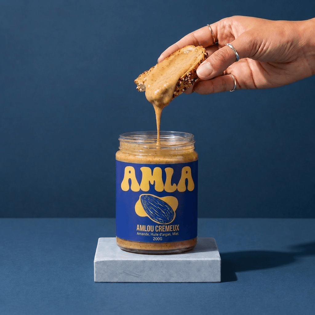 L'amlou crémeux qui coule d'une tartine au-dessus du pot AMLA ouvert