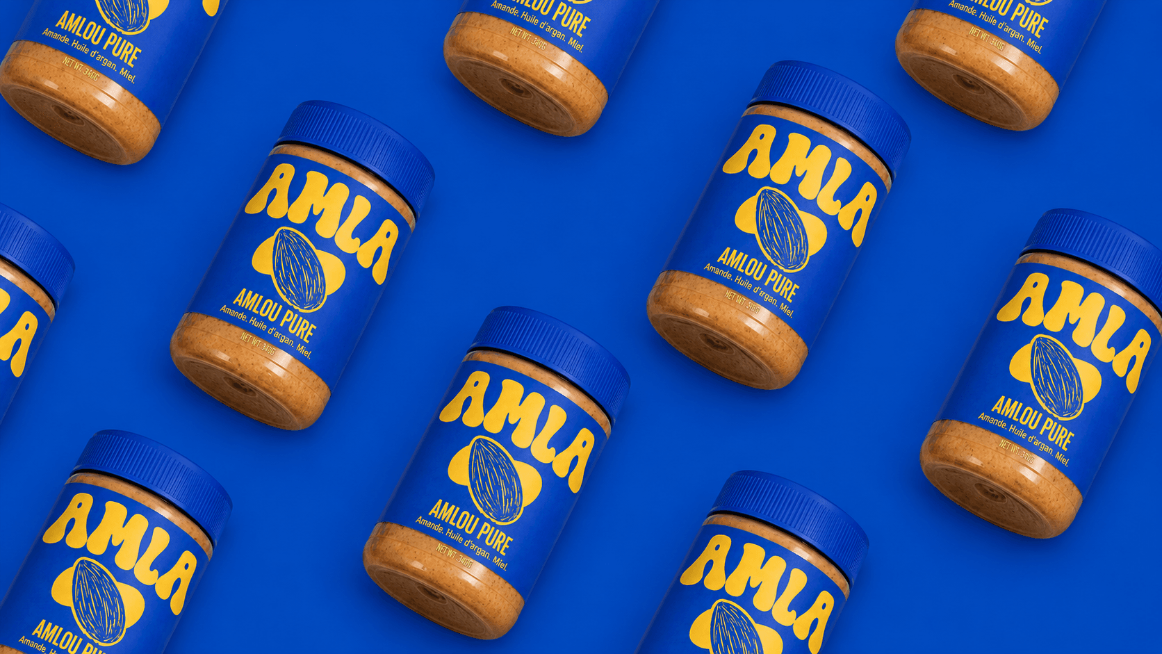 Motif de pots AMLA alignés sur fond bleu majorelle