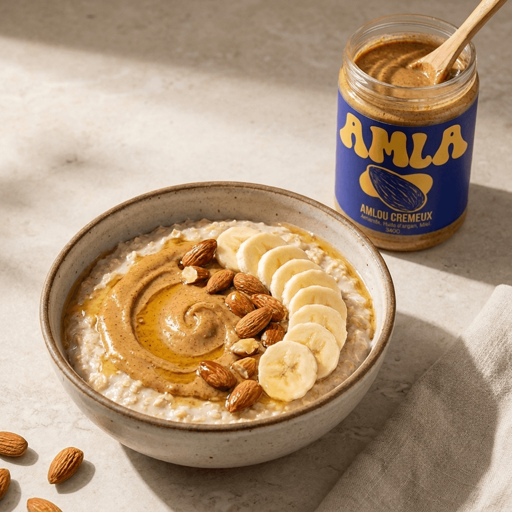 Porridge garni d'amlou à côté du pot AMLA