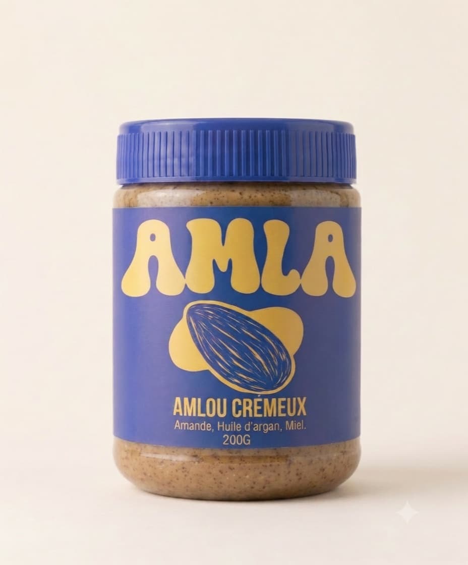 Un pot AMLA d'amlou crémeux sur fond crème, étiquette bleu majorelle et or